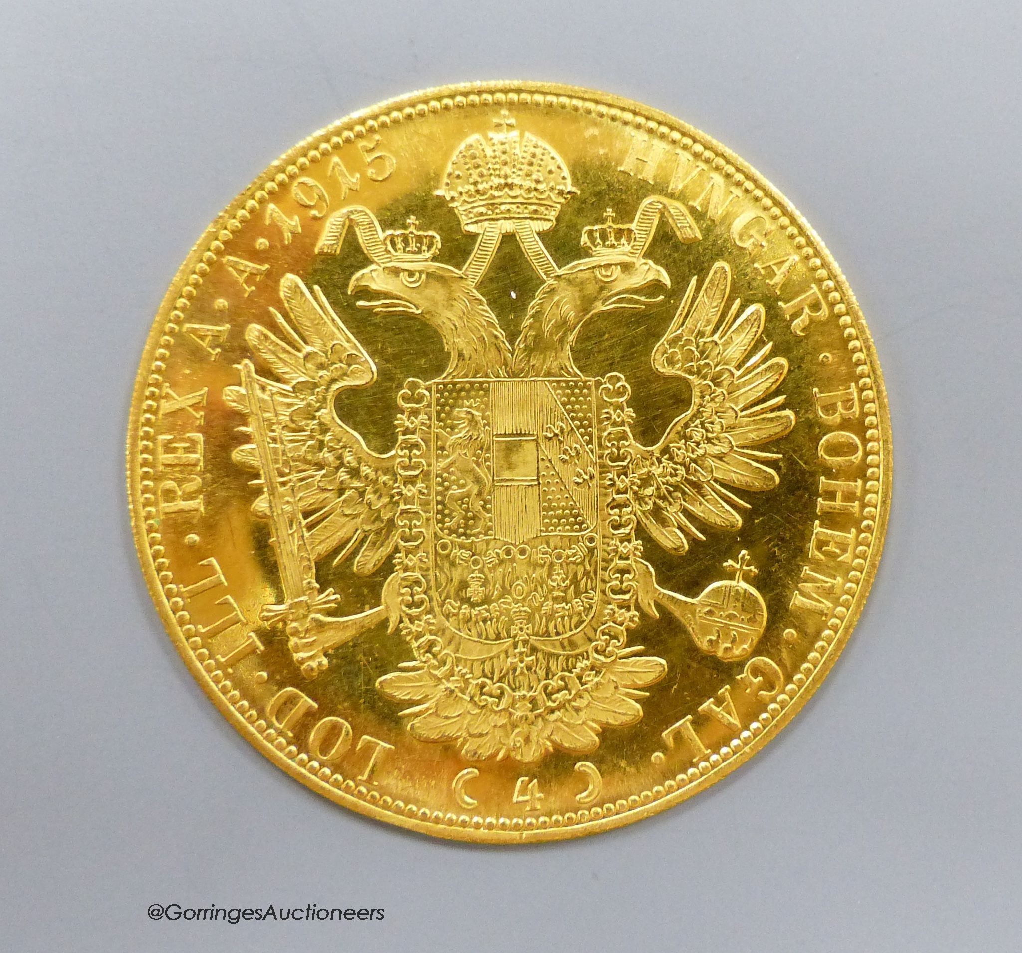Austria, gold 4 Ducat 1915 Trade Coinage Restrike About UNC, 13.96g